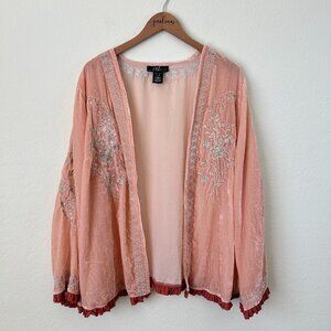 Midnight Velvet Sweater Womens 1X Plus Pink Embroidered Boho Cardigan